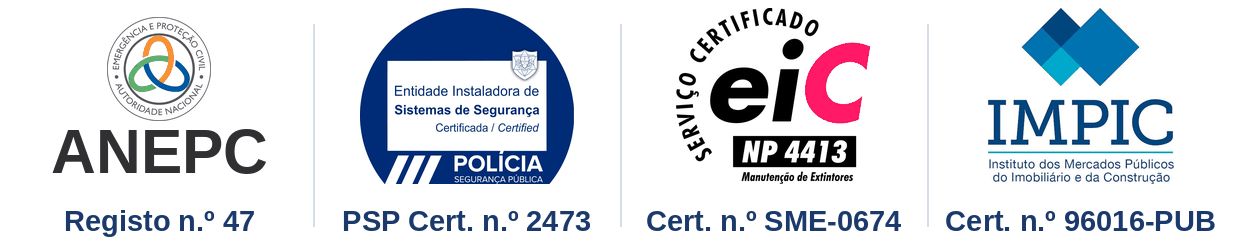 Certificações: ANEPC registo n.º 47, PSP certificado n.º 2473, NP 4413 certificado n.º SME-0674, IMPIC certificado n.º 96016-PUB